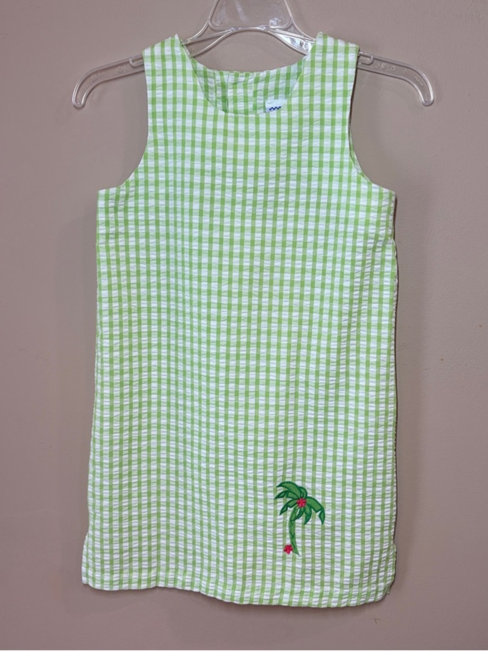 Kelly's Kids Green Seersucker Gingham Palm Embroidered Shift Dress, 10